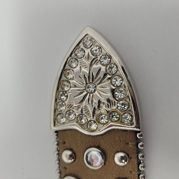 Leather Bronze Fleur De Lis Western Rhinestone Belt - Picture 7 of 15